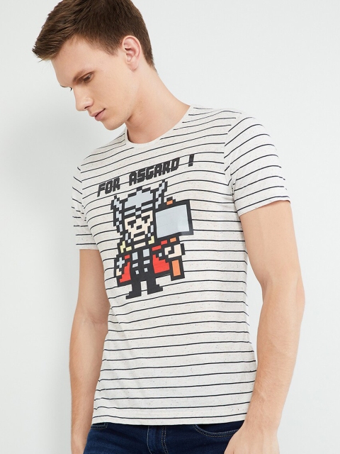 

max Men Off-White & Grey Striped Round Neck T-shirt