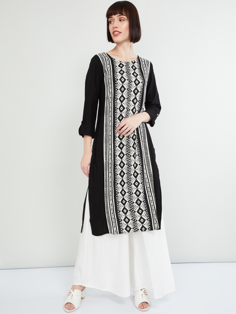 

max Women Black & Off-White Printed Straight Kurta
