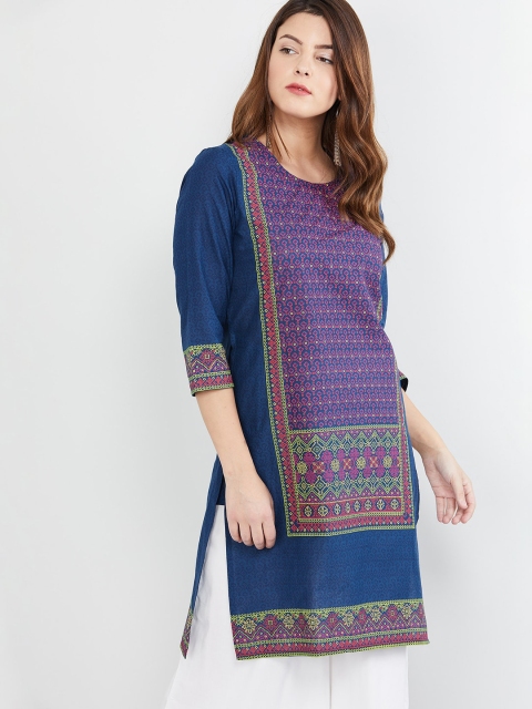 max Women Navy Blue & Pink Printed Straight Kurta
