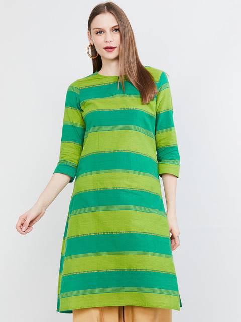 

max Women Lime Green Striped Straight Kurta