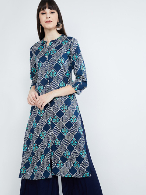 

max Women Navy Blue & White Printed A-Line Kurta