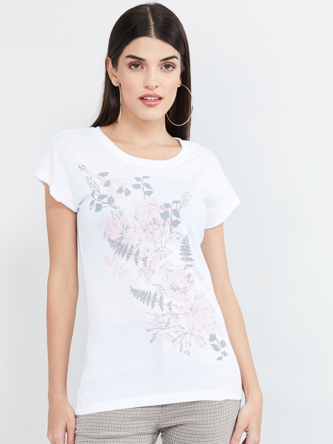 

max Women White Printed Round Neck T-shirt