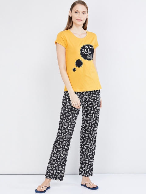 

max Women Mustard Yellow & Black Printed Night Suit Set