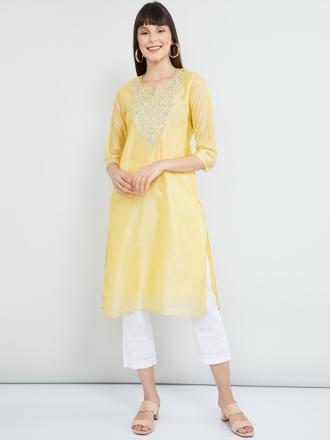 

max Women Yellow & Silver Yoke Design Straight Kurta