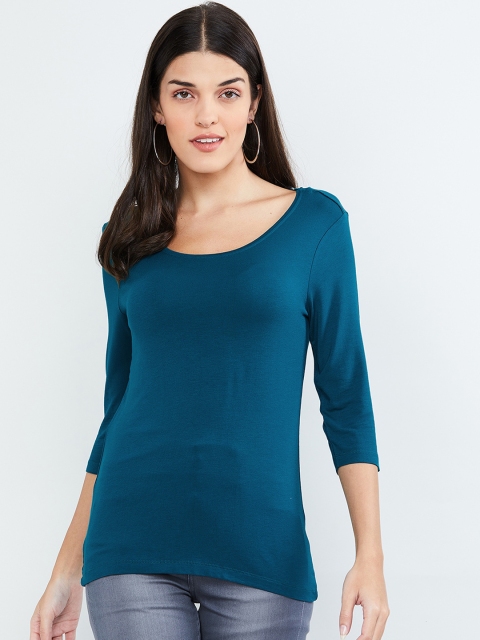 max Women Teal Blue Solid Scoop Neck T-shirt