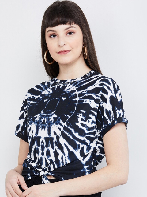 

max Women Navy Blue Printed Round Neck T-shirt