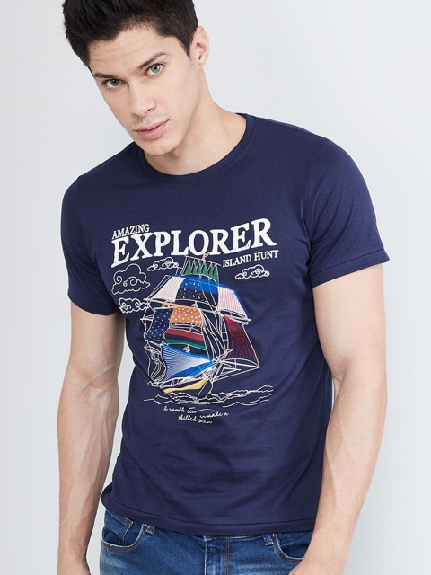 

max Men Navy Blue Printed Round Neck T-shirt