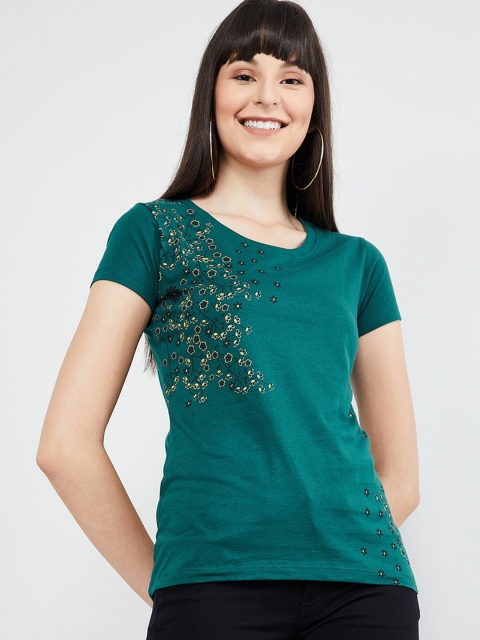 

max Women Green Floral Printed Round Neck T-shirt
