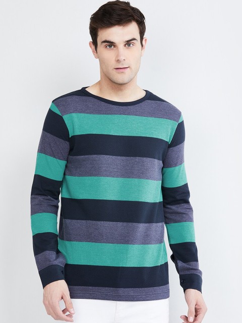 

max Men Blue & Green Striped Round Neck T-shirt