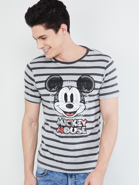 max Men Grey Mickey Mouse Printed Round Neck T-shirt