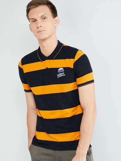 

max Men Yellow & Black Striped Polo Collar T-shirt