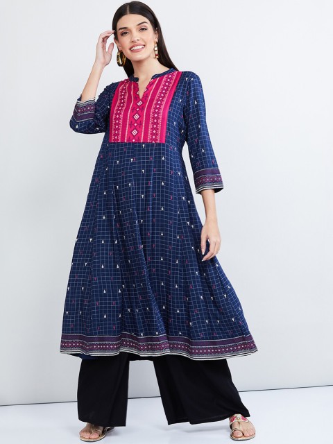 

max Women Navy Blue & Pink Yoke Design A-Line Kurta