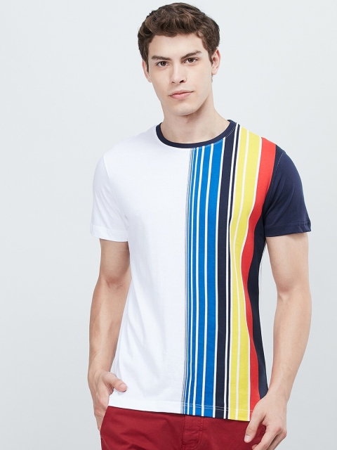 

max Men White & Navy Blue Striped Slim Fit Round Neck T-shirt