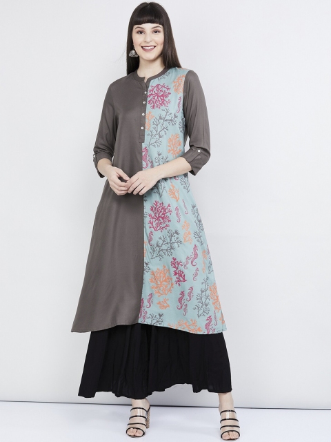 

max Women Grey & Blue Printed Straight Kurta