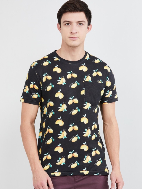 

max Men Black & Yellow Tropical Printed Round Neck T-shirt