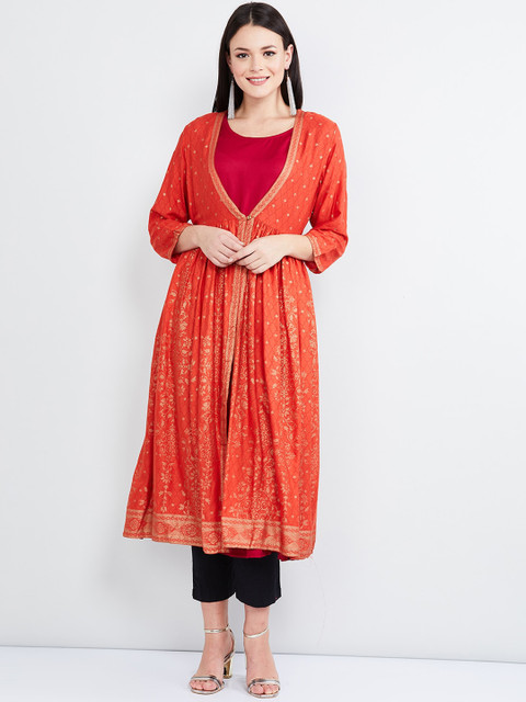 

max Women Orange Woven Design Straight Kurta