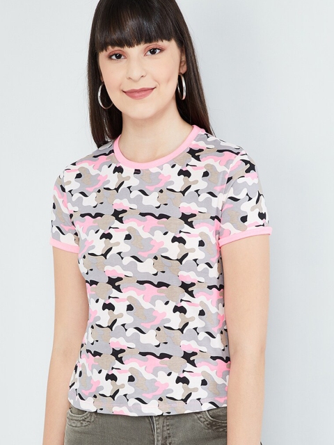 

max Women Grey & Black Camo Printed Round Neck T-shirt