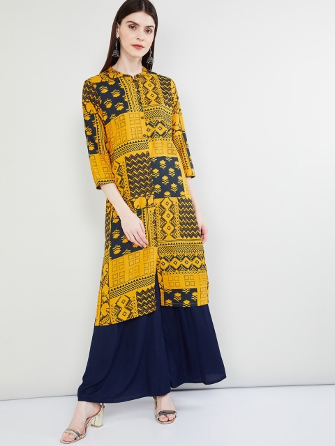 

max Women Mustard Yellow & Navy Blue Floral Printed Straight Kurta