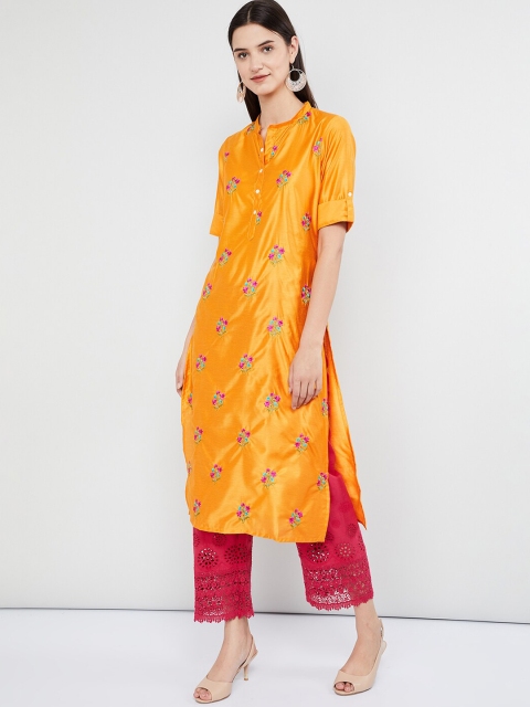 

max Women Yellow & Pink Embroidered A-Line Kurta