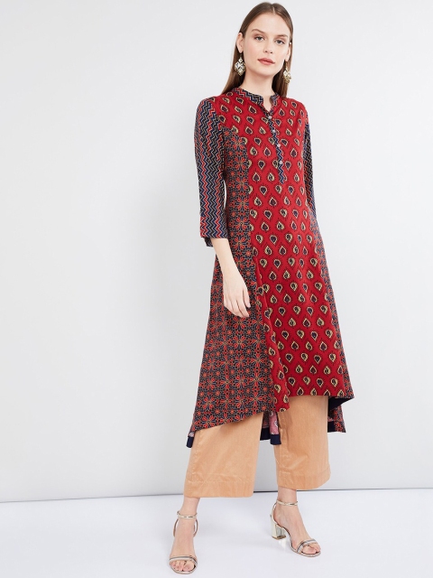 

max Women Maroon & Navy Blue Floral Print A-Line Kurta