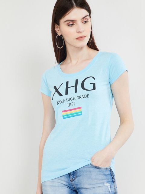 

max Women Blue Printed Round Neck T-shirt