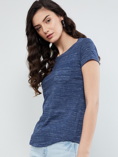 

max Women Navy Blue Solid Round Neck T-shirt