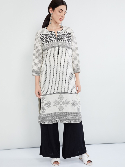 

max Women Off-White & Black Printed Straight Kurta