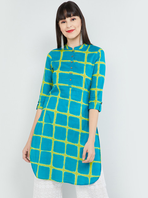 

max Women Blue & Green Checked Straight Kurta