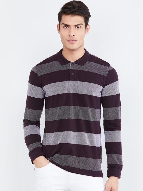 

max Men Burgundy & Grey Striped Polo Collar T-shirt