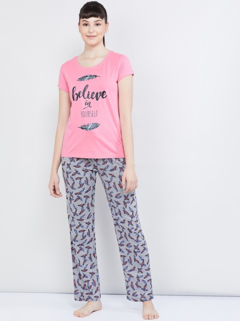 

max Women Pink & Grey Printed Night suit