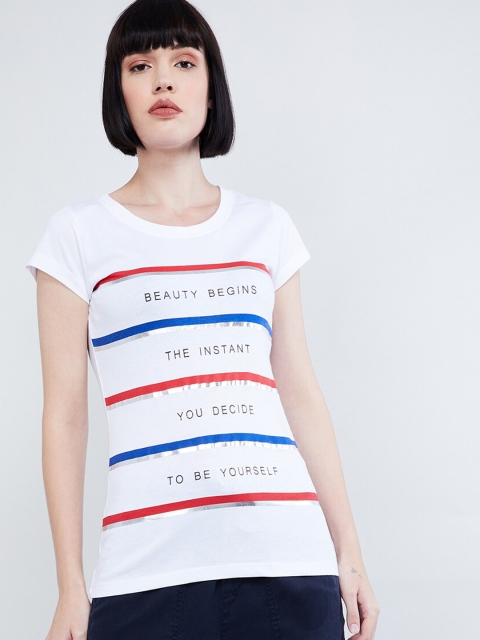 

max Women White Printed Round Neck T-shirt