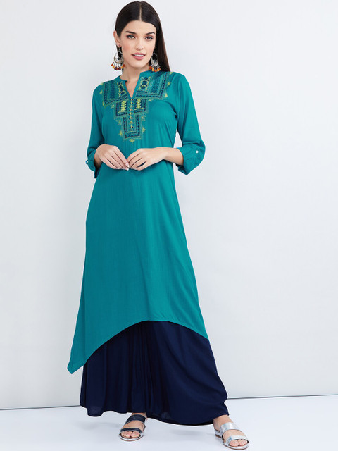 

max Women Teal Blue Yoke Design A-Line Kurta