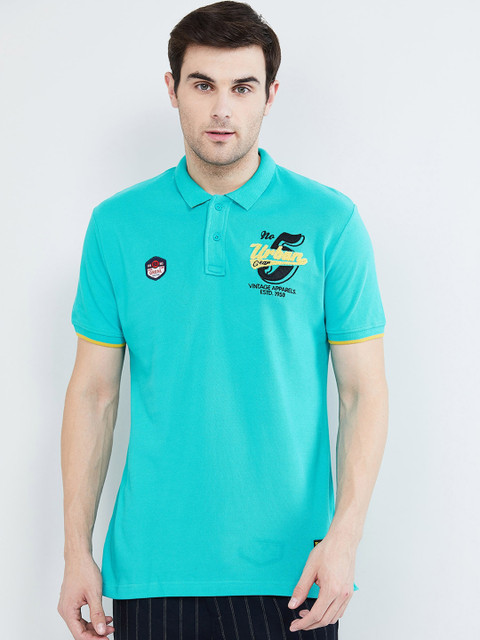 

max Men Sea Green Solid Polo Collar T-shirt