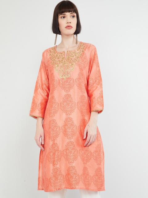 

max Women Coral & Gold-Toned Printed Straight Kurta