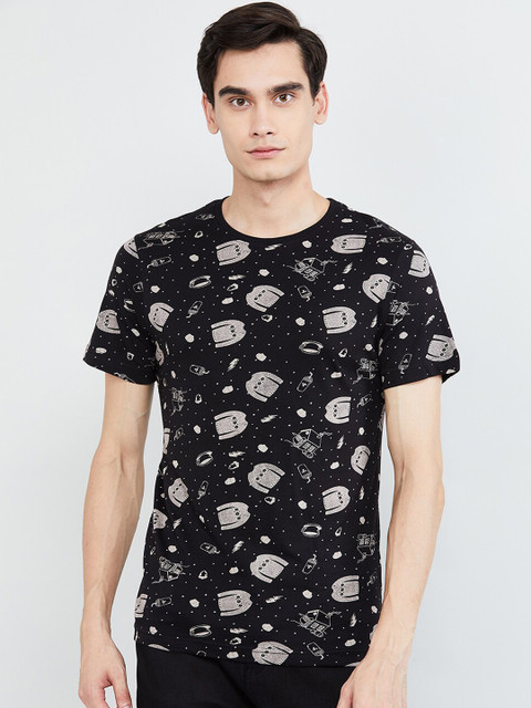 

max Men Black Printed Round Neck T-shirt