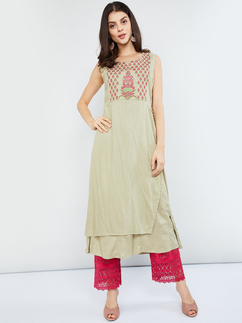 

max Women Beige Embroidered Straight Kurta