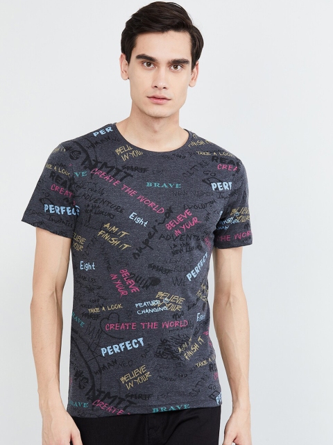 

max Men Grey & Pink Printed Round Neck T-shirt