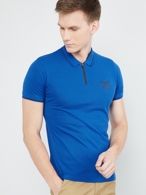 

max Men Blue Solid Polo Collar T-shirt