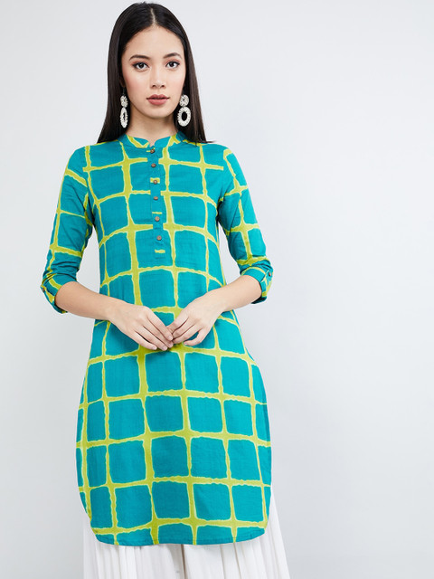 

max Women Teal Green & Yellow Checked Straight Kurta