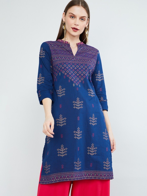 max Women Navy Blue & Pink Printed Straight Kurta