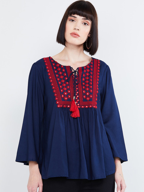 

max Women Blue Embroidered A-Line Top