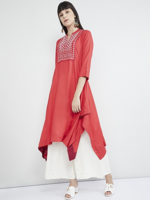 max Women Coral Red & White Embroidered Straight Kurta