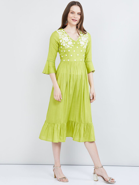 

max Women Lime Green Embroidered A-Line Dress