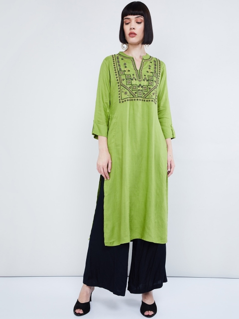 max Women Green Embroidered Straight Kurta