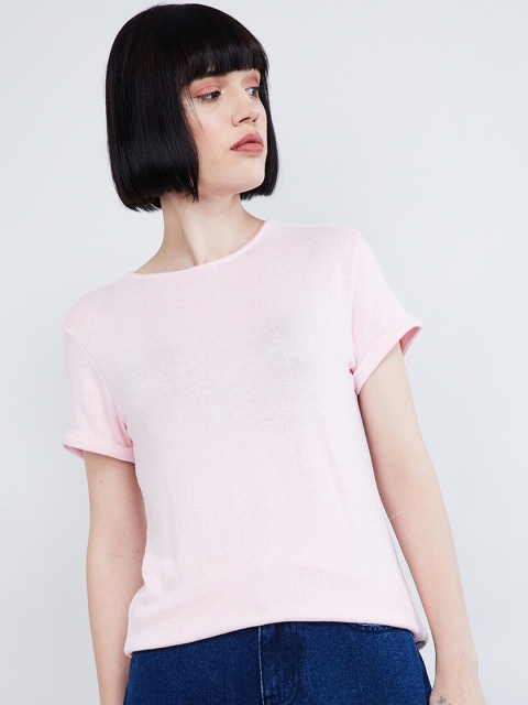 

max Women Pink Solid Boat Neck T-shirt