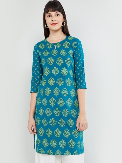 

max Women Teal Blue & Lime Green Floral Print Straight Kurta