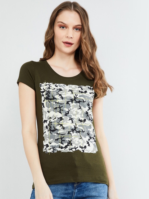 

max Women Olive Green & Grey Camouflage Print Round Neck T-shirt