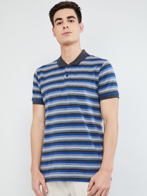 max Men Navy Blue & Grey Striped Polo Collar T-shirt