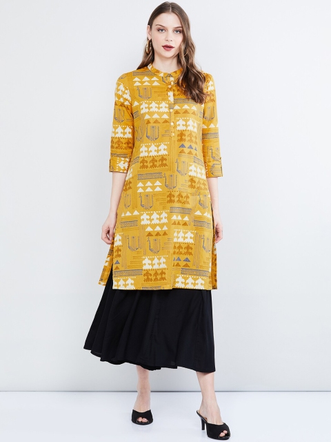 

max Women Mustard Yellow Printed Straight Kurta