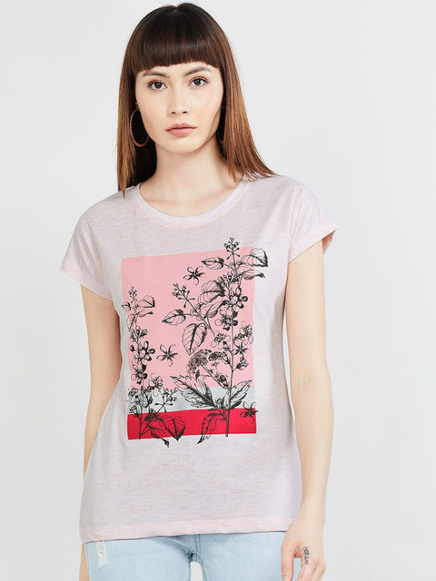 

max Women Pink Floral Print Round Neck T-shirt